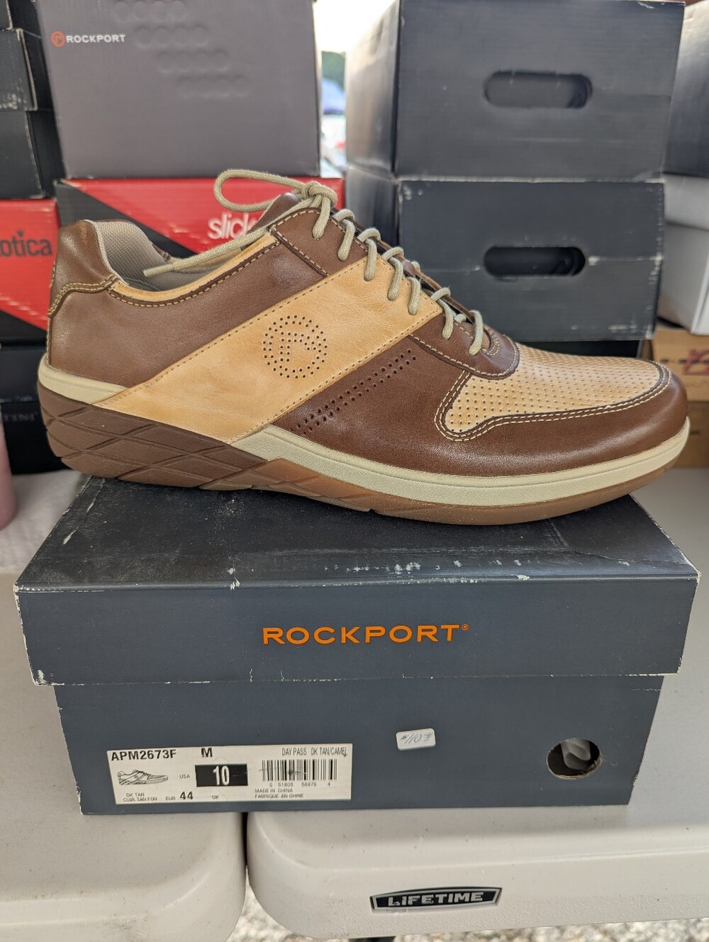 Rockport Day Pass, Dark Tan/Camel Leather Shoe, Size 10M, New